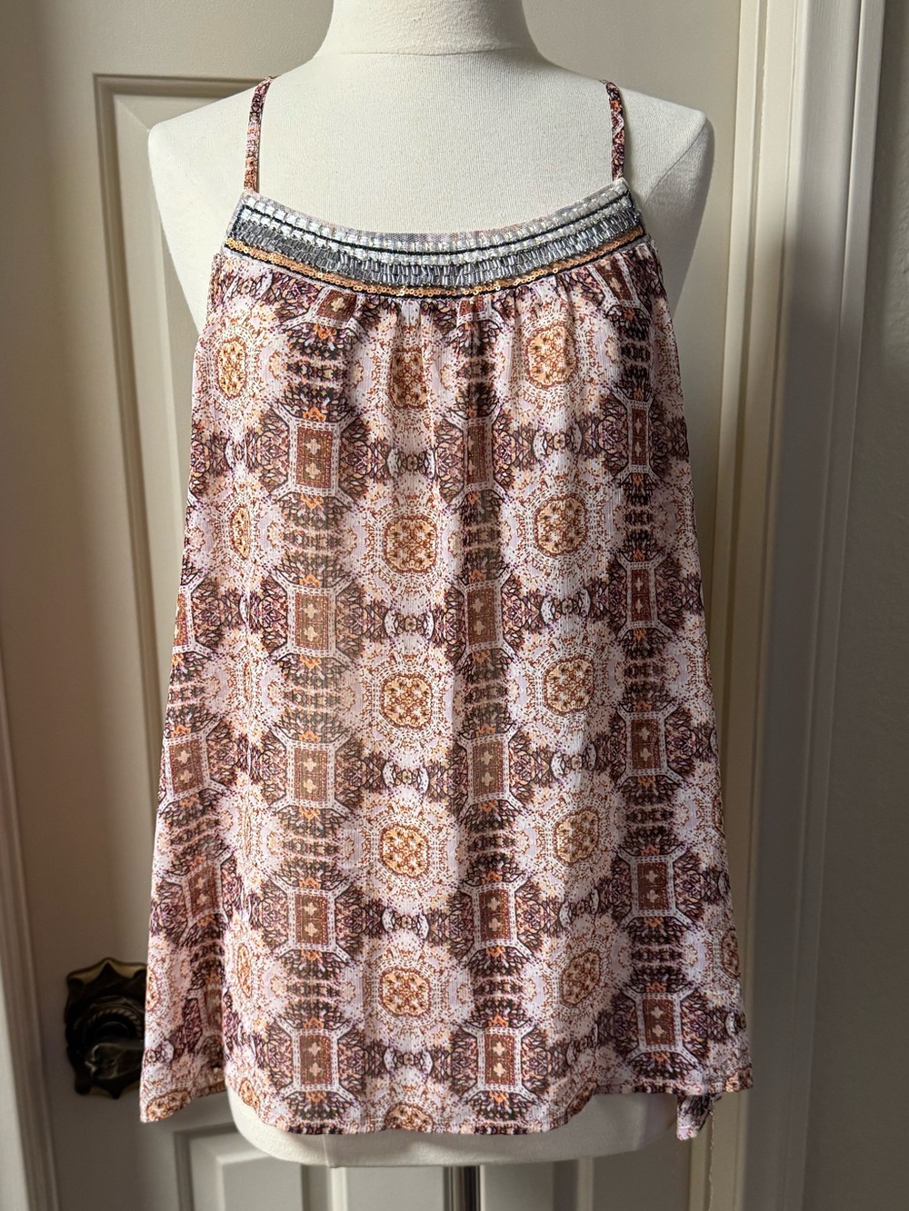 Printed Chiffon Spaghetti-Strap Trapeze Split Back Top with Beaded Details
